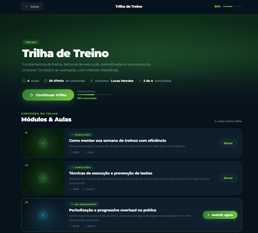 App mobile com Trilhas em Vídeo e progresso de aprendizado